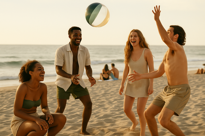 Strandbal in gebruik door vriendengroep op het strand bij zonsondergang