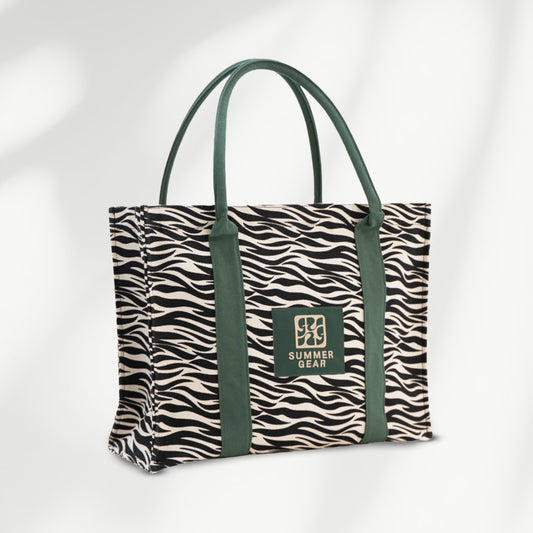 Savan tote bag zebra print met verstevigde bodem en groene handvatten