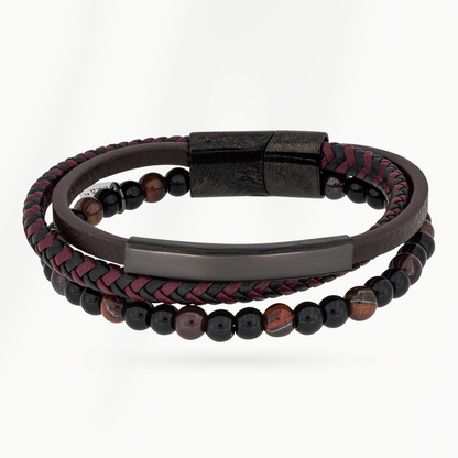 Core heren armband Black Weave met zwart leer en natuursteen kralen