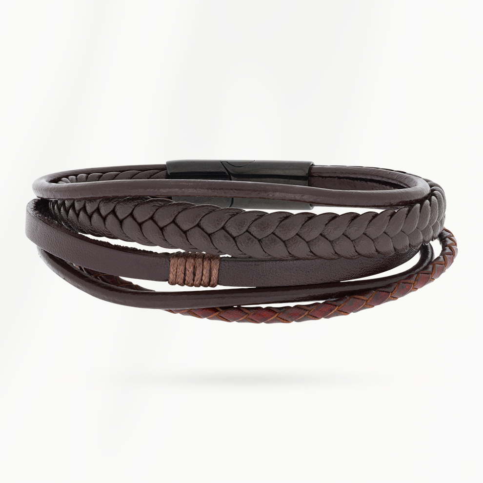 Core Dust Trail heren armband van leer en stainless steel met vijf banden in zwart en bruin
