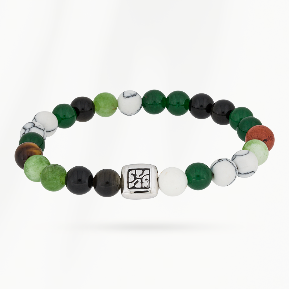 Elements heren armband Grounded Mix met natuursteen kralen in groen, zwart en wit