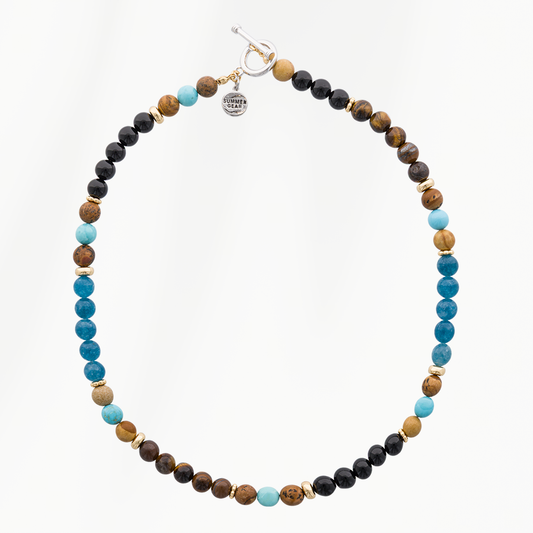 Elements heren ketting Ocean Blue met mix van blauwe, bruine en zwarte natuursteen kralen