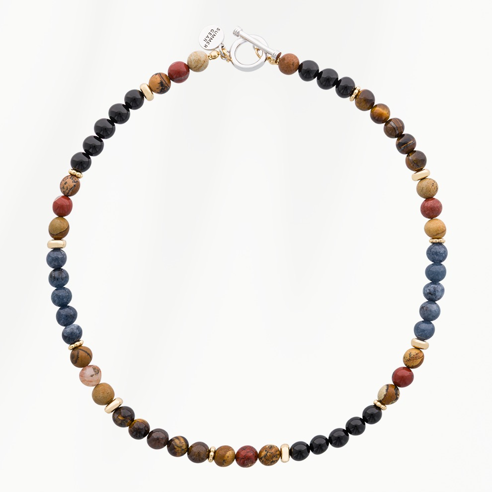 Elements heren ketting Sunset Red met mix van rode, blauwe en bruine natuursteen kralen