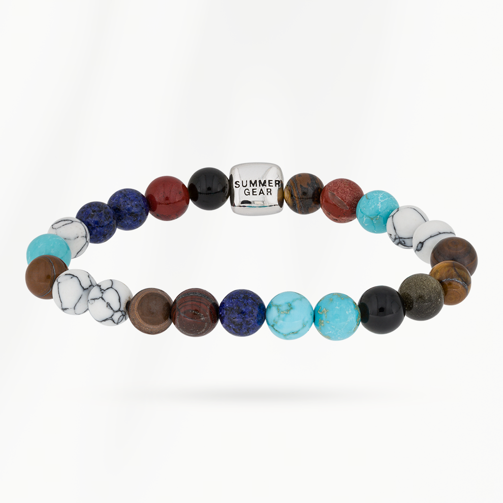SummerGear Turquoise Core kralenarmband voor heren met turquoise, diepblauwe en wit gemarmerde kralen, van bovenaf gefotografeerd