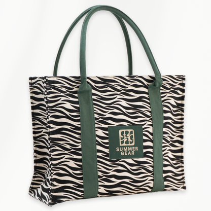 Savan tote bag zebra print met verstevigde bodem en groene handvatten