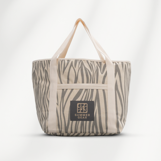 Strandtas met rits Avalon middelgroot die volledig afsuit met rits van  canvas in de kleur naturel en grijsvoorzijde