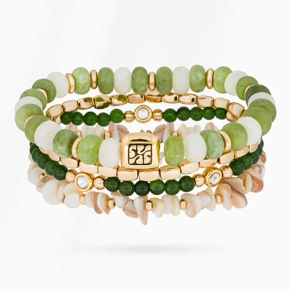 Solena armband Jade Bloom set van 4 natuursteen  dames armbanden met 18k gold plated kralen in groene en witte tinten