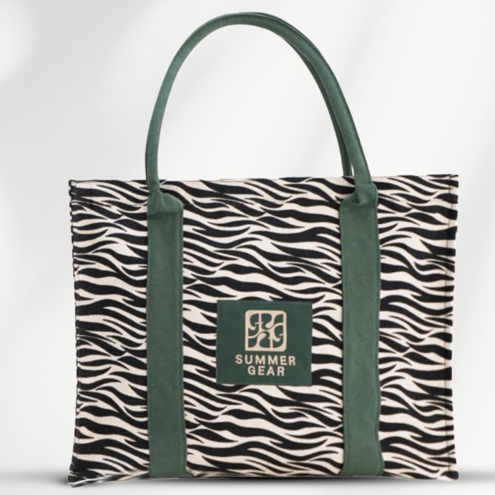 Savan tote bag zebra print met verstevigde bodem en groene handvatten