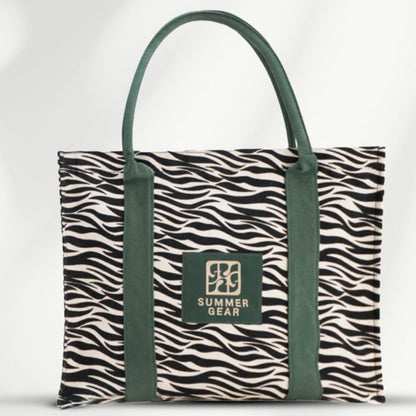Savan tote bag zebra print met verstevigde bodem en groene handvatten